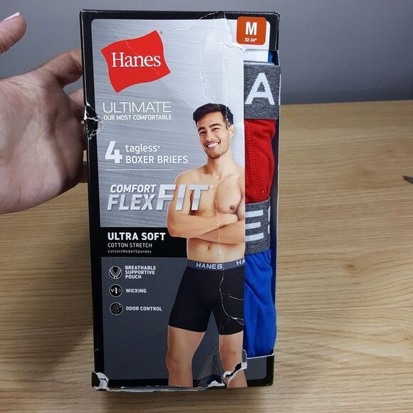 HANES Boxer Briefs Mens Medium Blue Red 4-Pack Ultimate Comfort Flex Fit - Picture 1 of 5